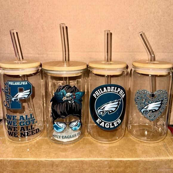 Handmade Other - Eagles Glass Cups Set of 4 with lids and Straws Philly